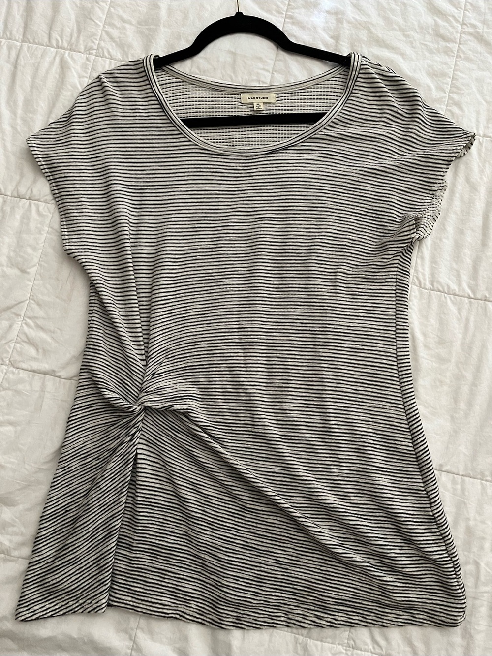 Max Studio Striped Black & White Striped Twist-Front Tee Top Tunic